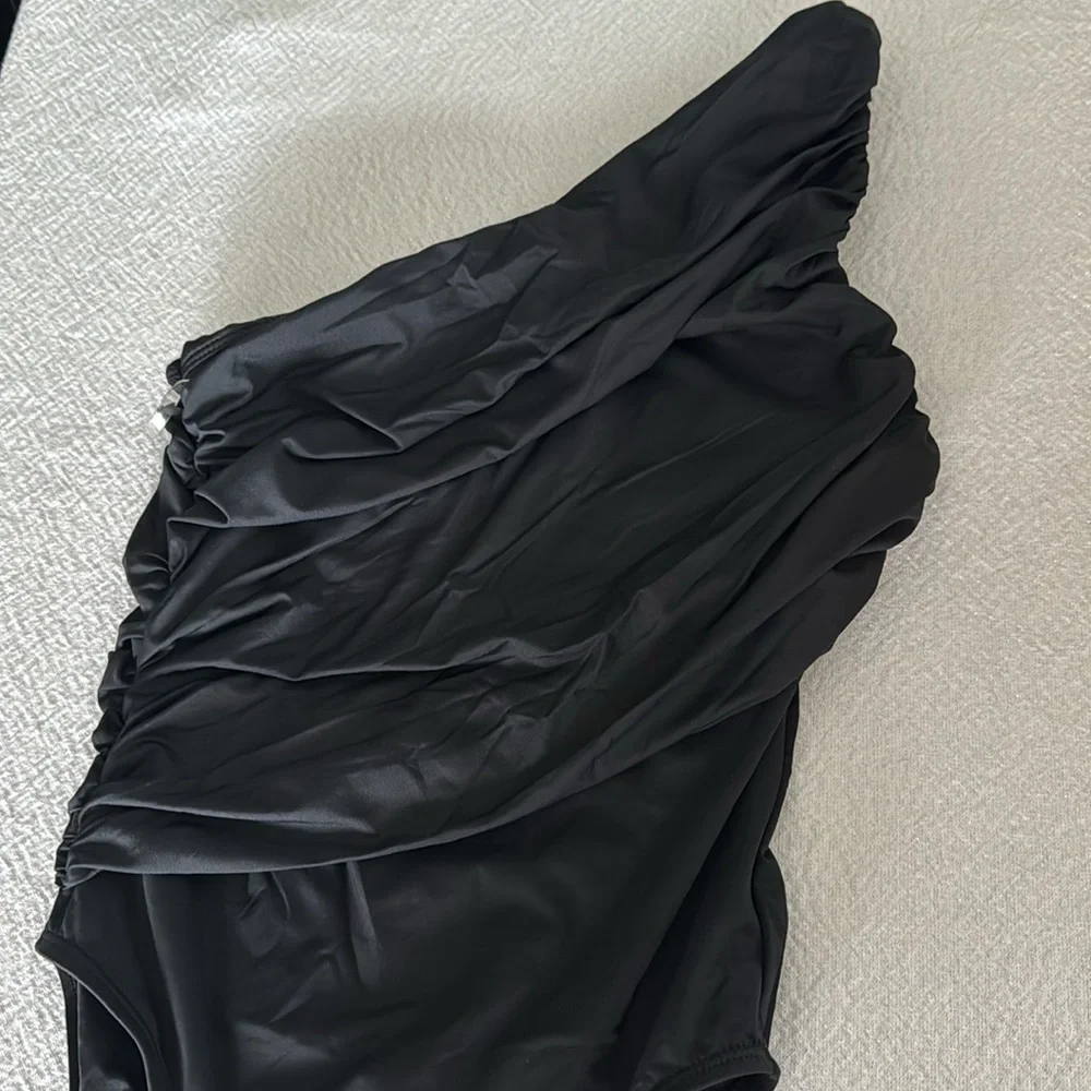 La Blanca Island Goddess Shirred One Shoulder One Piece - Black, Size 6, $120